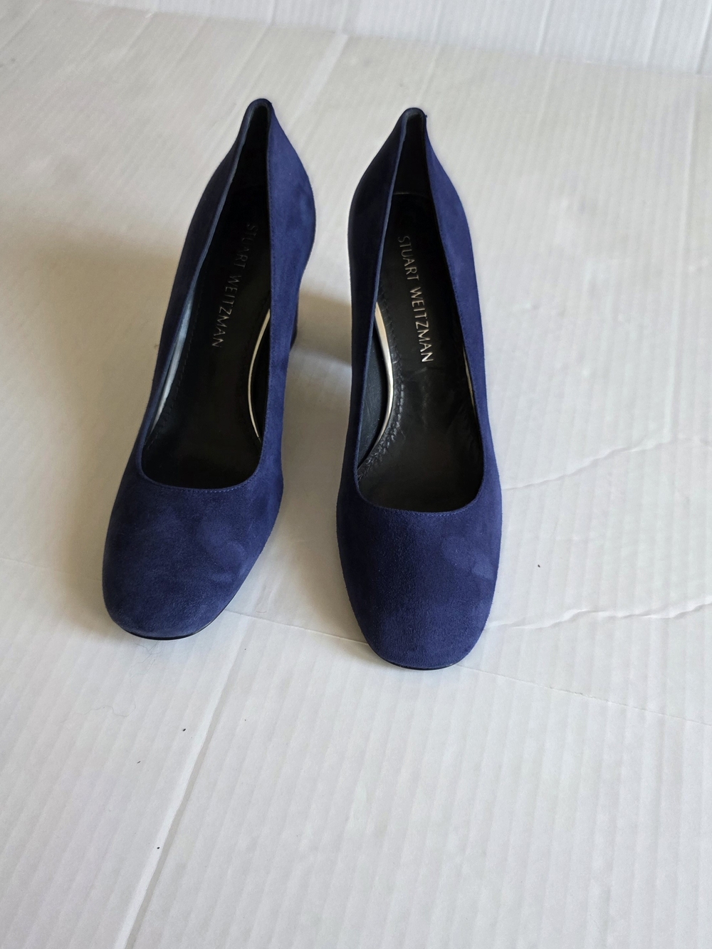 STUART WEITZMAN Marymid Navy Blue Suede Chunky Heel Pump Sz 9 Square toe Vintage